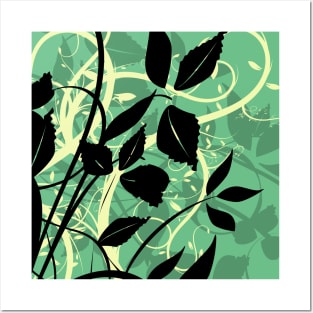 Leave Pattern with Green Background and Yellow Swirls Posters and Art